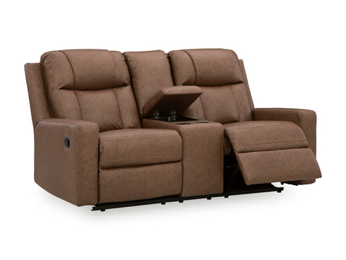 Mackmenville Caramel Reclining Loveseat w/ Console