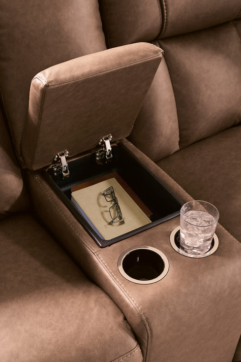 Mackmenville Caramel Reclining Loveseat w/ Console