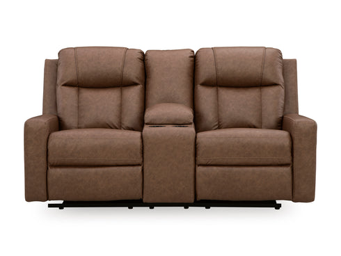 Mackmenville Caramel Reclining Loveseat w/ Console