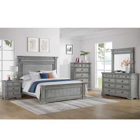 Glenmore Aged Grey Panel Bed, Dresser & Mirror
