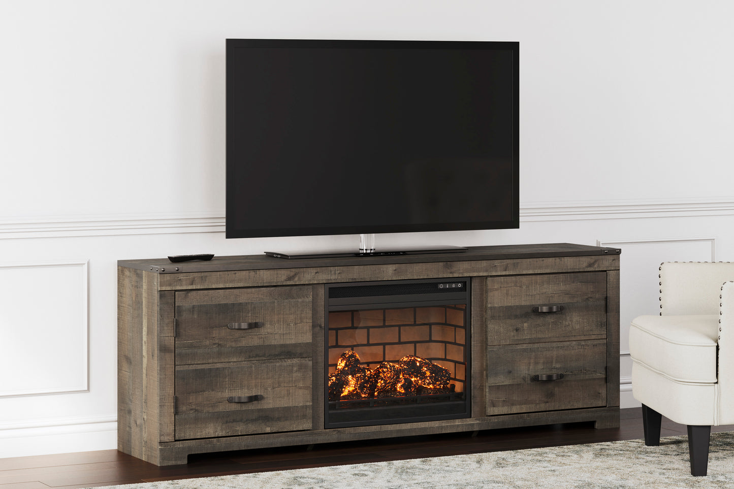 Trinell Brown Large TV Stand w/ Fireplace