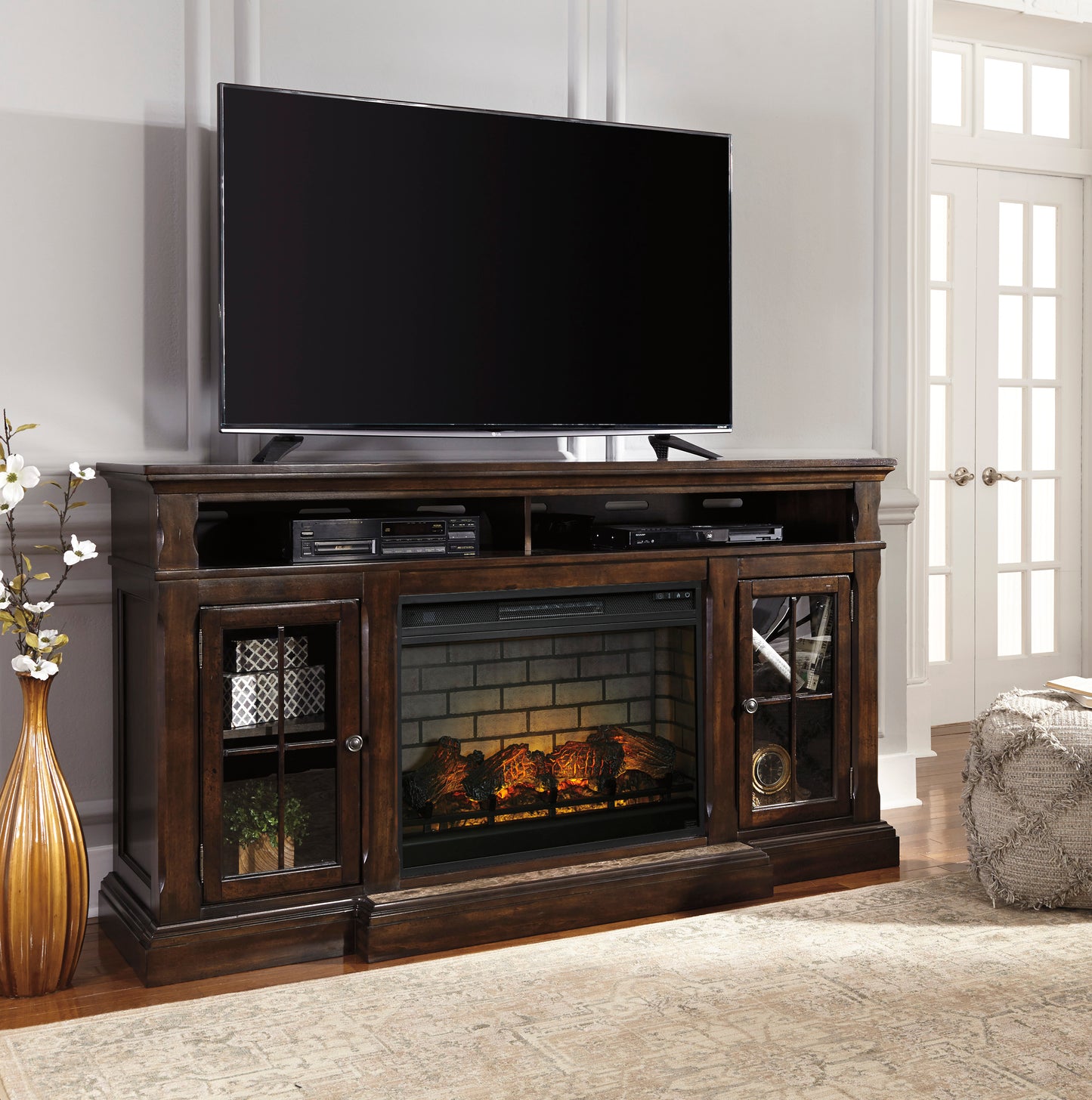 Roddinton Dark Brown XL TV Stand w/ Fireplace