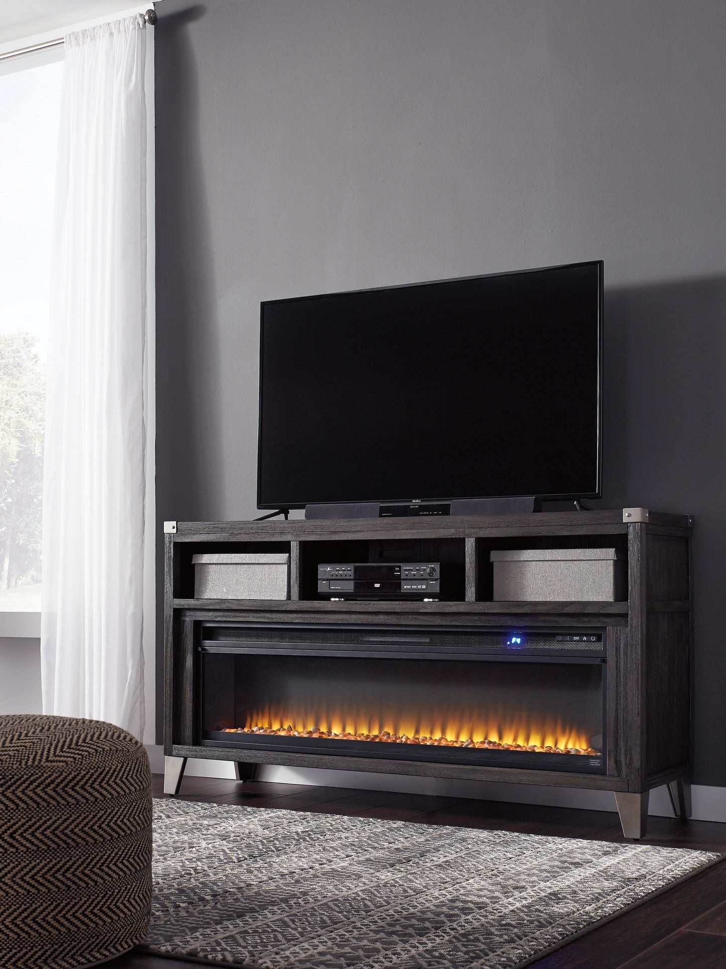 Todoe Gray TV Stand w/ Fireplace