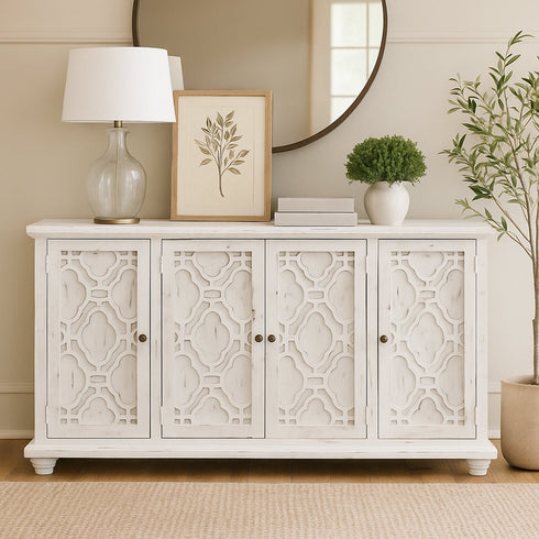 Calais Sierra White 72" 4 Door Curio Console - WCC Furniture & Mattress Center Lafayette & Lake Charles