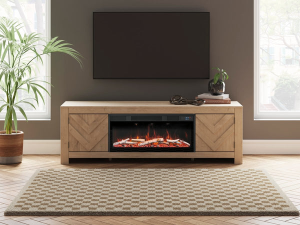 Cayboni Tan TV Stand w/ Fireplace - WCC Furniture & Mattress Center Lafayette & Lake Charles