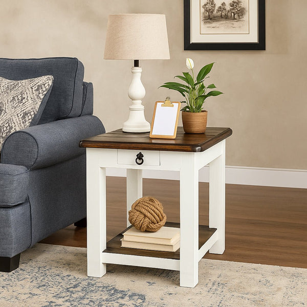 Chastain Aged White Tobacco Top 1 Drawer End Table - WCC Furniture & Mattress Center Lafayette & Lake Charles