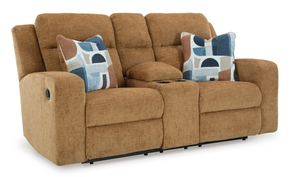 Kanlow Honey Reclining Loveseat w/ Console - WCC Furniture & Mattress Center Lafayette & Lake Charles