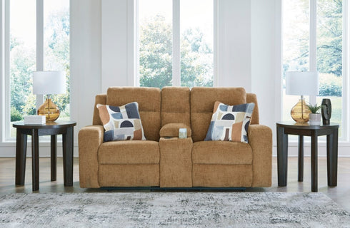 Kanlow Honey Reclining Loveseat w/ Console - WCC Furniture & Mattress Center Lafayette & Lake Charles