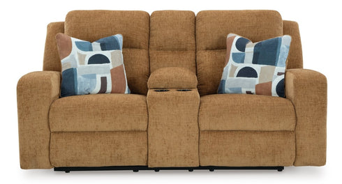 Kanlow Honey Reclining Loveseat w/ Console - WCC Furniture & Mattress Center Lafayette & Lake Charles