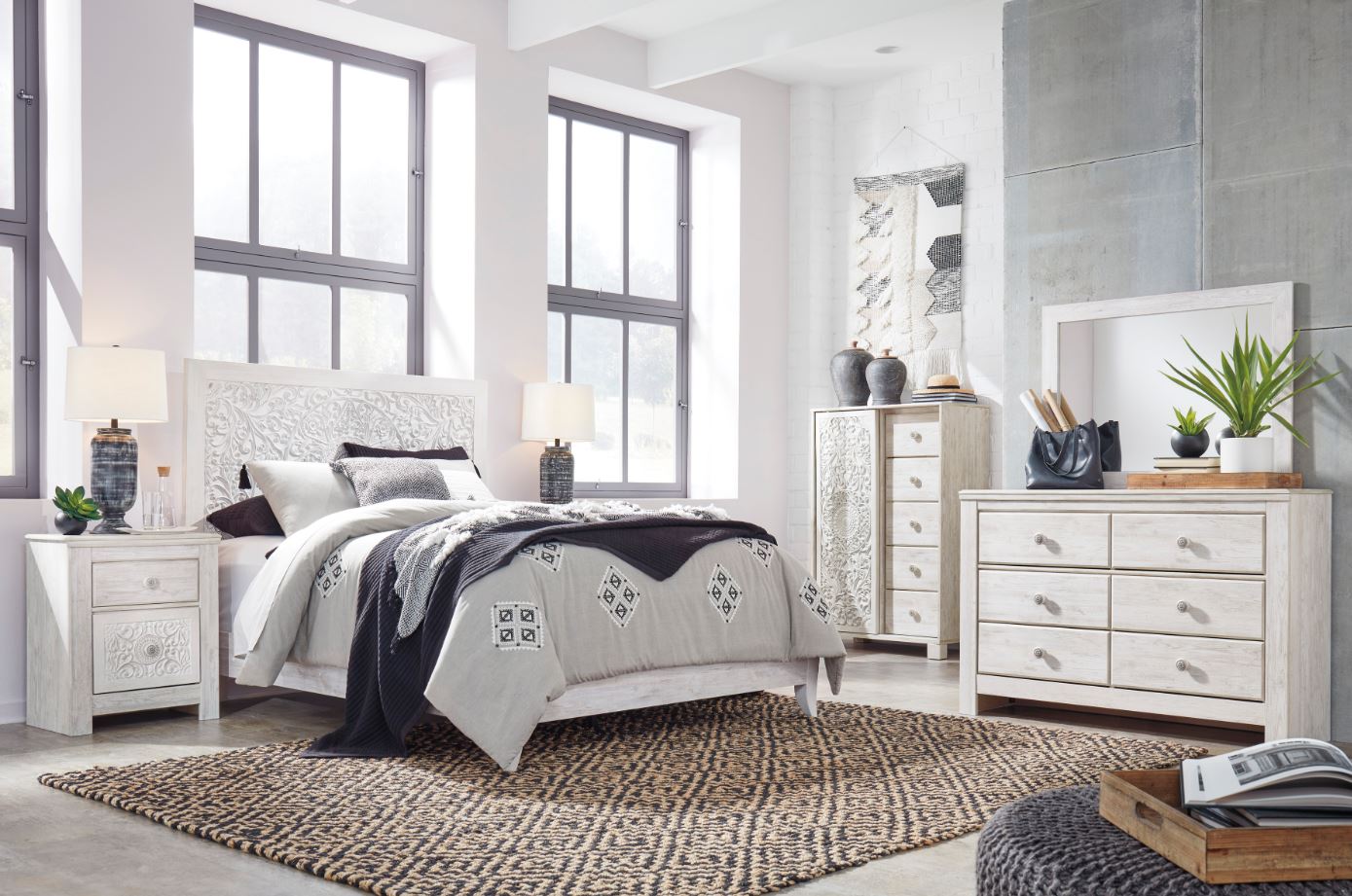Paxberry Whitewash Twin Bed, Dresser & Mirror