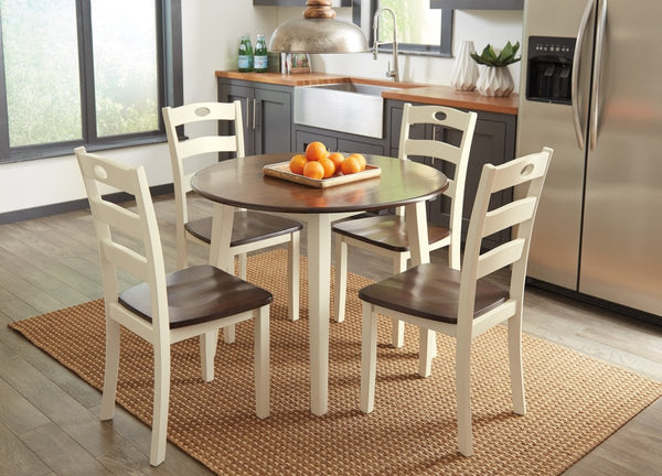 Woodanville White/Brown 5 Piece Round Drop Leaf Dining Set - WCC Furniture & Mattress Center Lafayette & Lake Charles