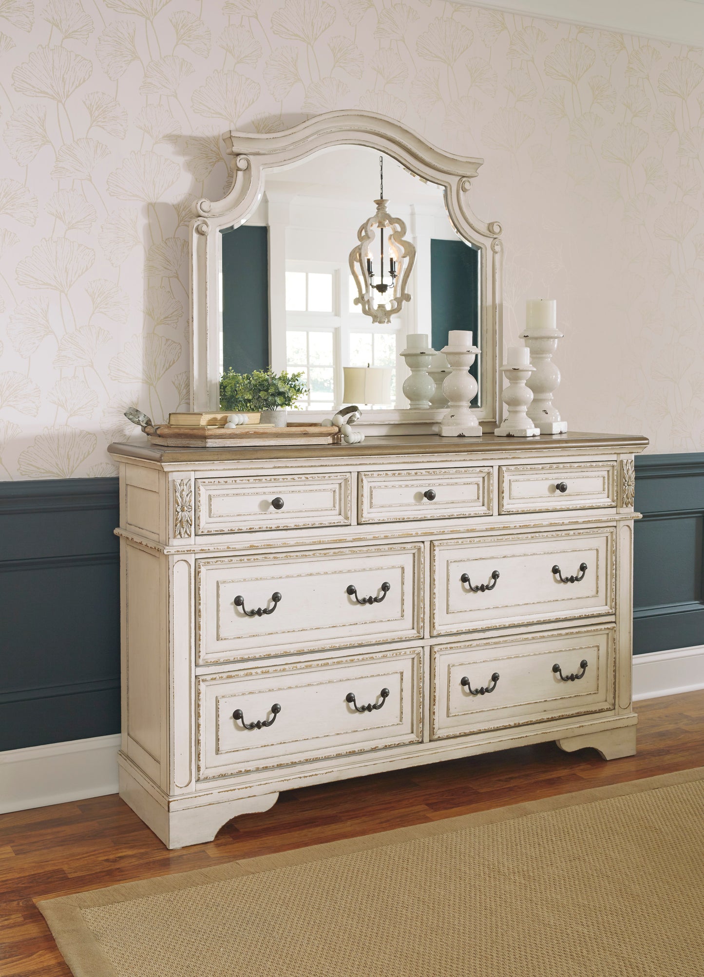 Realyn Upholstered Panel Bed, Dresser & Mirror