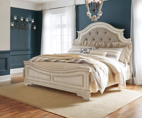 Realyn Upholstered Panel Bed, Dresser & Mirror