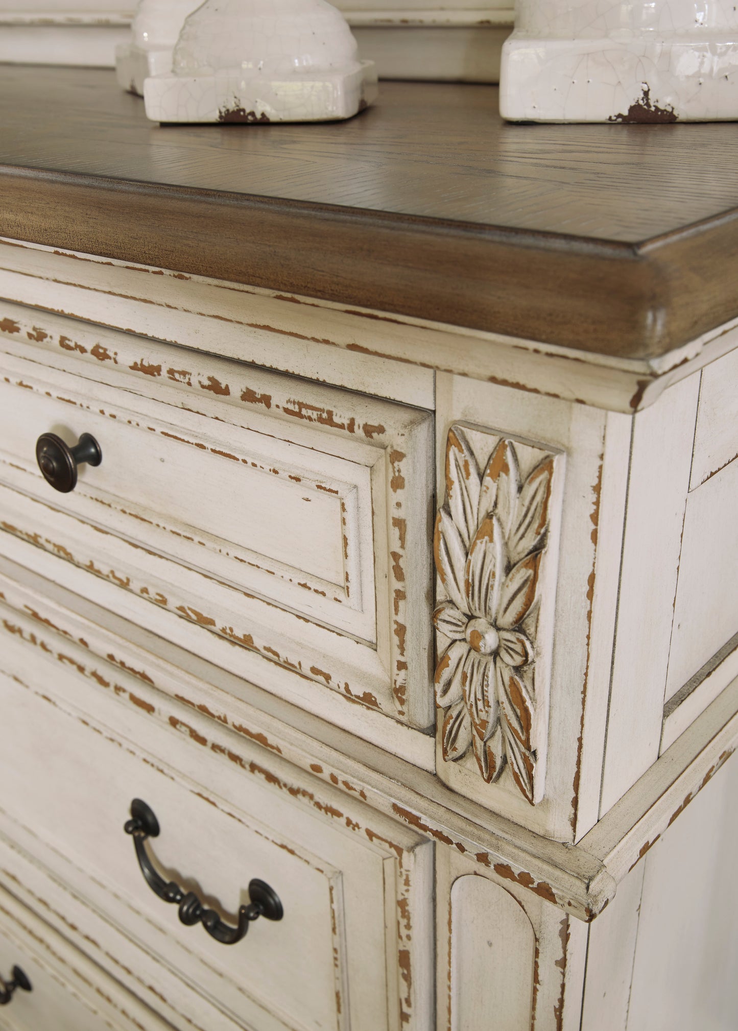 Realyn Upholstered Panel Bed, Dresser & Mirror
