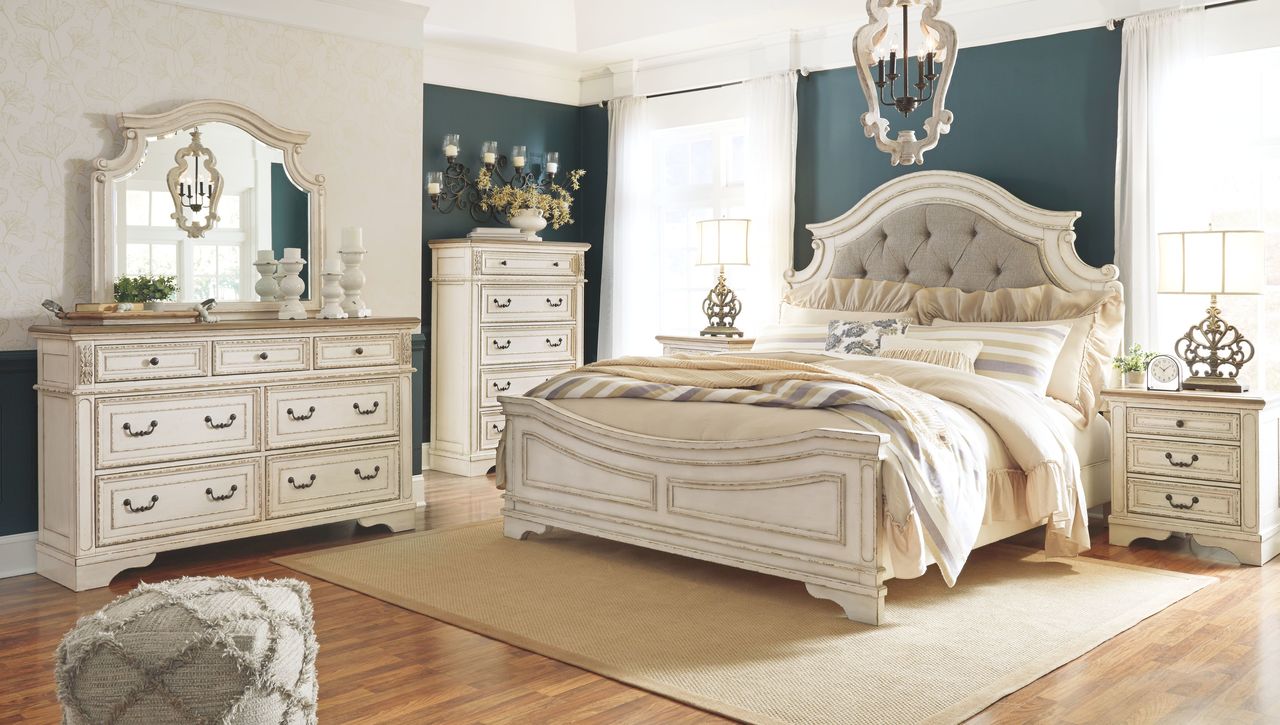 Realyn Upholstered Panel Bed, Dresser & Mirror
