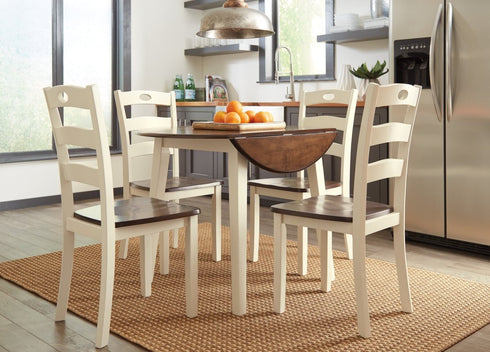 Woodanville White/Brown 5 Piece Round Drop Leaf Dining Set - WCC Furniture & Mattress Center Lafayette & Lake Charles