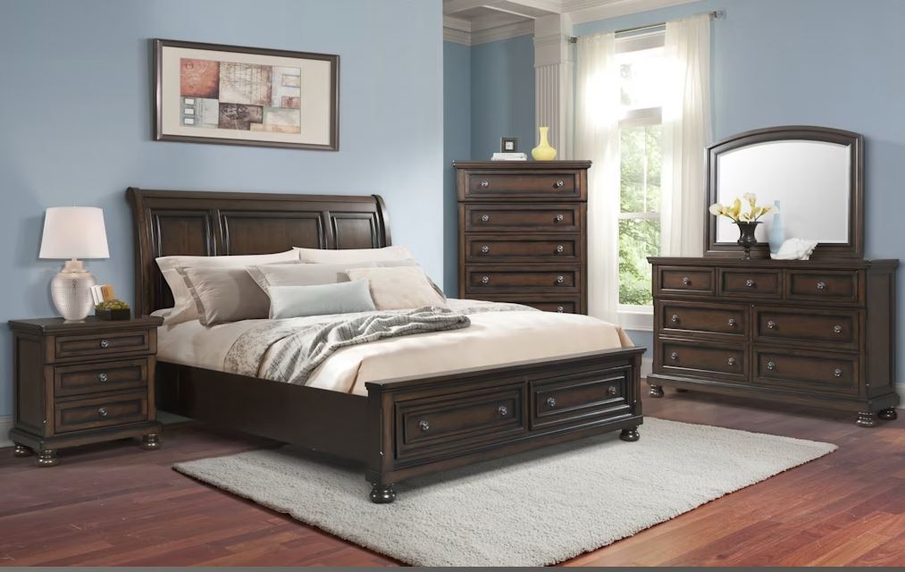 Kingston Walnut King Platform Storage Bed, Dresser & Mirror