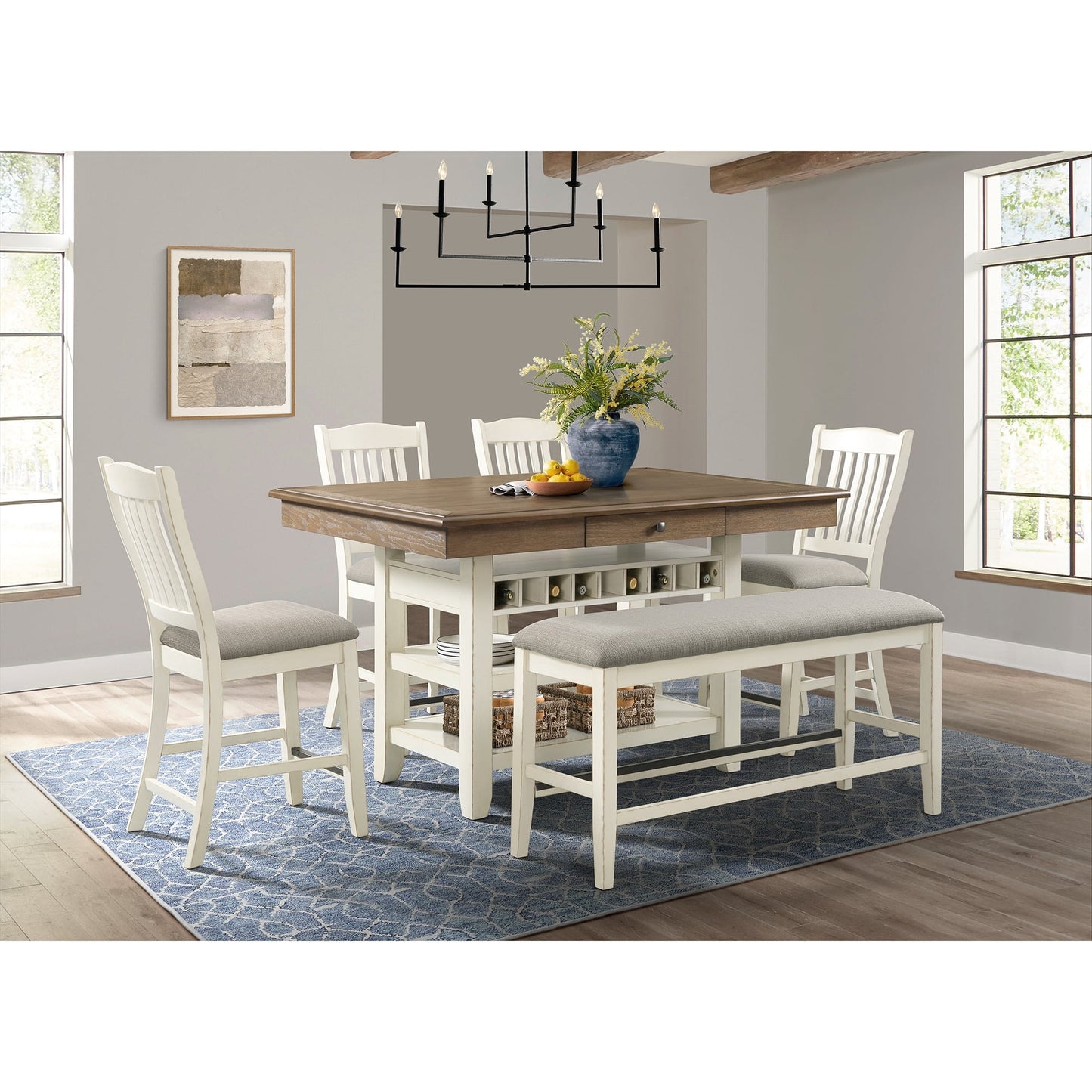 Bellevue Antique White/Walnut 6 Piece Counter Height Dining Set
