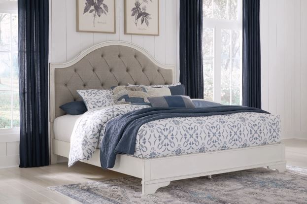 Brollyn Queen Upholstered Panel Bed, Dresser & Mirror