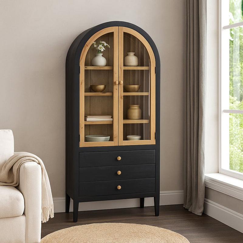 Brownfield Smooth Black w/ Driftwood Doors Display Cabinet - WCC Furniture & Mattress Center Lafayette & Lake Charles