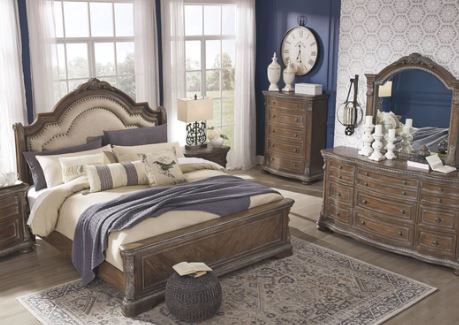 Charmond Brown Queen Upholstered Sleigh bed, Dresser & Mirror