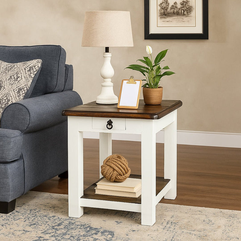 Chastain Aged White Tobacco Top 1 Drawer End Table - WCC Furniture & Mattress Center Lafayette & Lake Charles