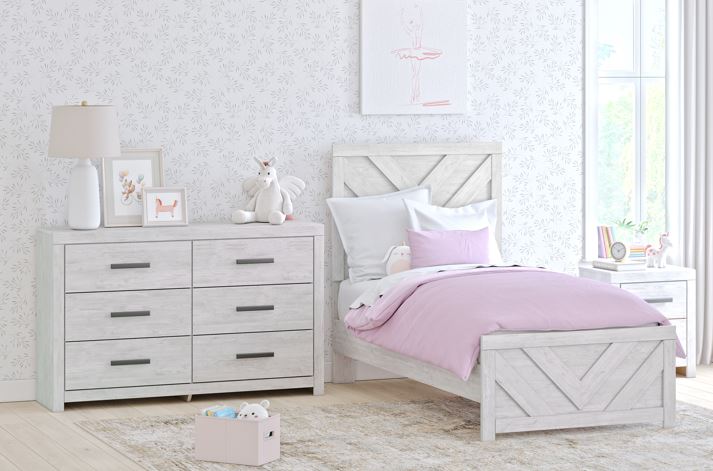 Cayboni Whitewash Twin Bed, Dresser & Mirror