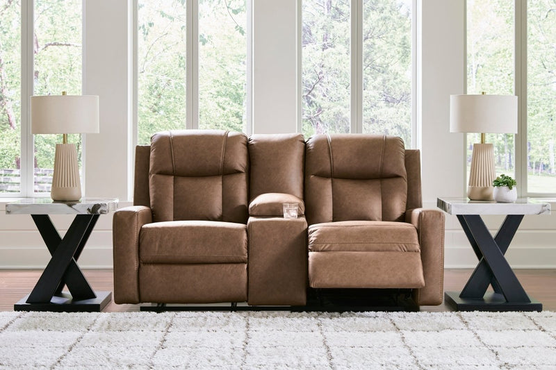 Mackmenville Caramel Reclining Loveseat w/ Console - WCC Furniture & Mattress Center Lafayette & Lake Charles