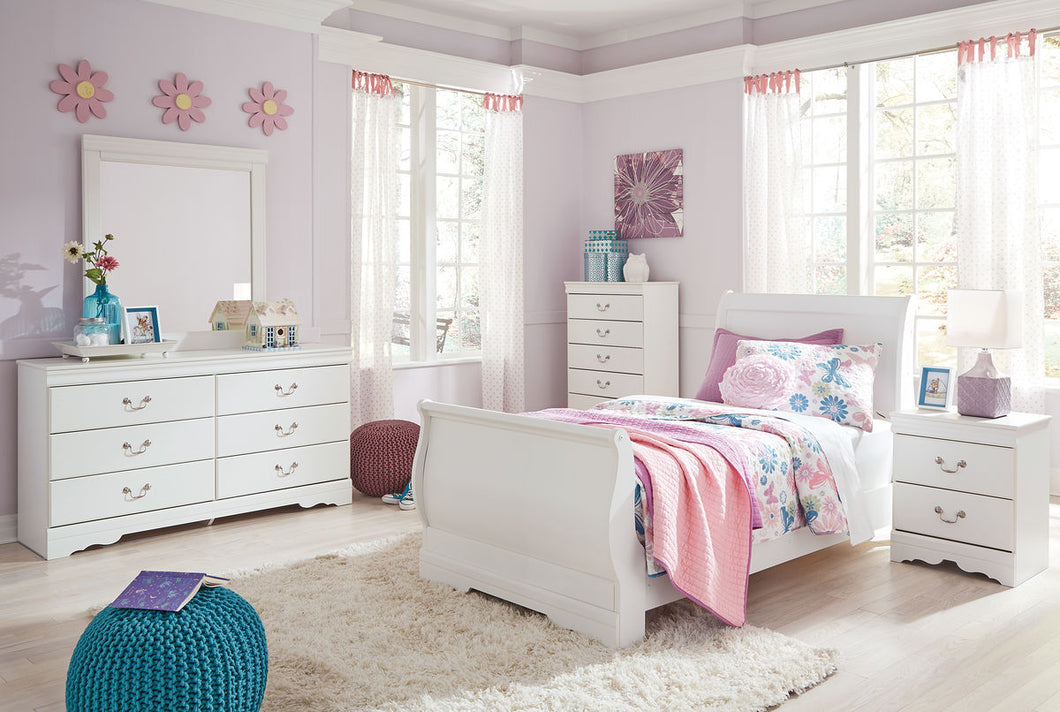 Anarasia White Twin Sleigh Bed, Dresser & Mirror