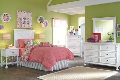 Kaslyn White Twin Panel Bed, Dresser, Mirror & Chest