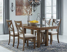 Load image into Gallery viewer, Moriville Grayish Brown Rectangular DRM EXT Table &amp; 4 UPH Side Chairs
