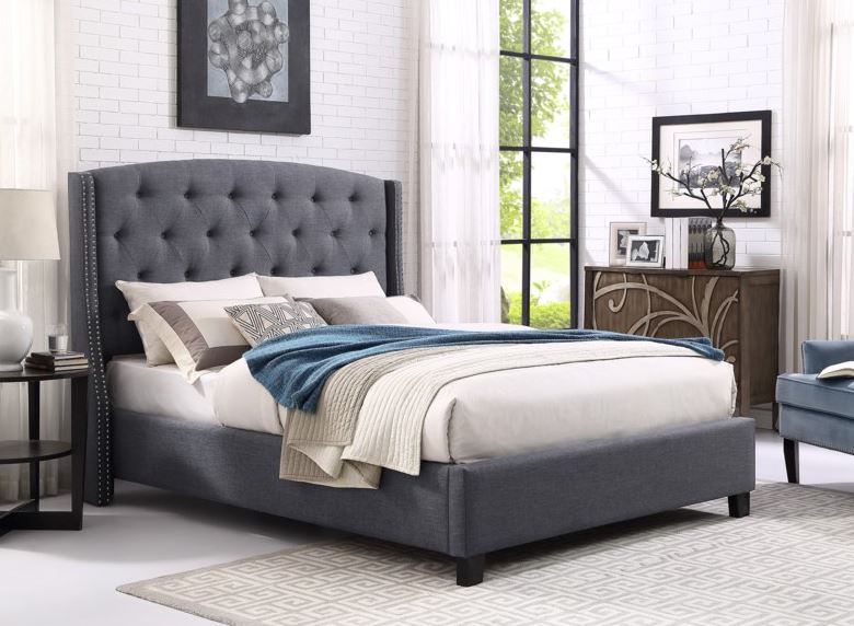 Eva Queen Grey Upholstered Bed