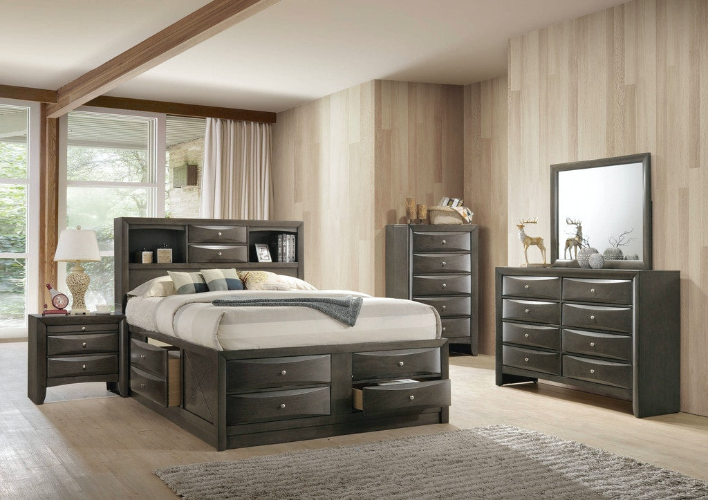 Emily Gray King Storage Bed, Dresser & Mirror