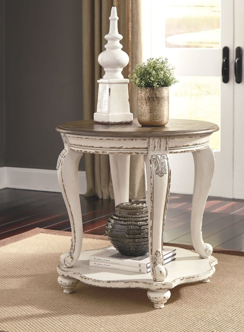 Realyn White/Brown Round End Table - WCC Furniture & Mattress Center Lafayette & Lake Charles